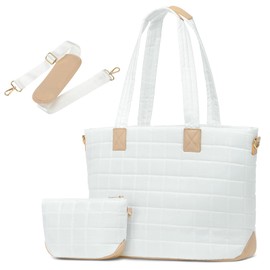 SUIKIHUM Large Travel Tote Bag for Women, Quilted Puffy Tote Bag with Detachable Shoulder Strap, Fits 15" Laptop Work Bag W/Handbag Purse, White