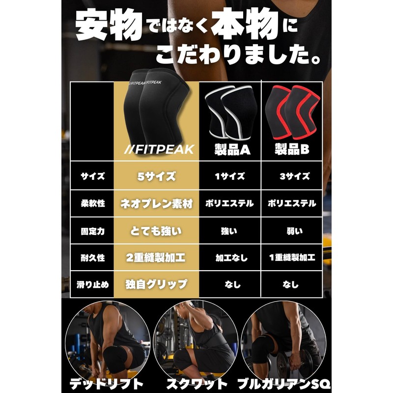 FITPEAK ニースリーブ 筋トレ 【NSCA-CPT認定トレーナー推薦】ニーラップ ニーサポーター 膝サポーター ウェイトリフティング スクワット 厚さ7mm 人間工学に基づくデザイン