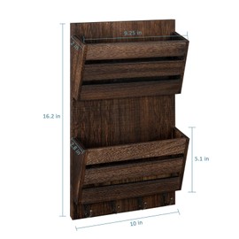 BTY Mail Holder for Wall, Wooden Mail Sorter with 4 Key Hooks, 2 Slot Wall Mounted Mail Sorter Letter Bills Newspaper Magazine Organizer for Entryroom Hallway Office Garage, Rustic Brown