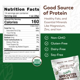 Lark Ellen Farm Sprouted Organic Pumpkin Seeds – Raw, Unsalted, Air-Dried Pepitas for Snacking, Salads, Trail Mix – USDA Organic, Non-GMO, Vegan, Gluten-Free, Resealable Bag (14 oz, 1 Pack)