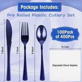 30Pack Blue Pre Rolled Plastic Silverware - Wrapped Blue Disposable Cutlery with Napkins, Heavy Duty Rolled Plastic Silverware Set, Disposable Utensils with Dinner Napkins for Party