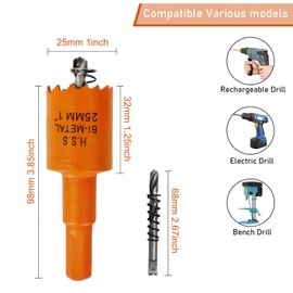 25mm Hole Saw, 1'' HSS Bi-Metal Hole Cutter with Arbor, Cutting Depth 32 mm, Hole Saw Drill Bit for Cutting Wood, Plywood, Plastic, Drywall, Thin Metal Sheets