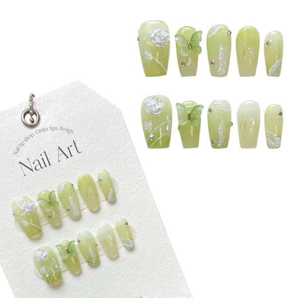 Handmade Green Press On Nail 3D Flower Butterfly Medium to