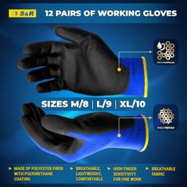 S&R Work Gloves 12 Pairs Of Basic Nylon Fibre With Pu Coating, Protective Gloves Suitable For Private And Commercial Use Blue/ Black XL/10