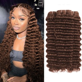 ALLRUN Deep Wave Brown Human Hair Bundles Curly Bundles Human Hair Brown Color Chocolate Brown Human Hair Bundles For Braiding Brazilian Human Hair Bundles Curly Wave Extensions 4# Color 222426 Inch