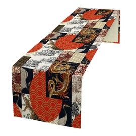 Camino de mesa japonés tradicional asiático, diseño de tigre de dragón y retazos para granja, cocina, mesa de cena, decoración de fiesta, 13 x 36 pulgadas