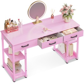 Casaottima Small Office Desk with Fabric Drawers, Computer Desk with Storage Shelves, Modern Writing Table, 48" Home Desk, Pink