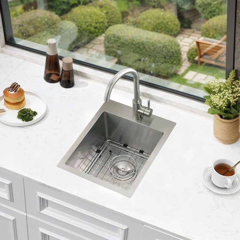 Hotis 15x15 Inch Drop In Bar Sink, Brushed Nickel Stainless