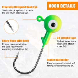 Fishing Jig Heads Hooks Set, 40pcs Assorted Round Jig Head with 3D Eyes Painted Jig Heads for Crappie Bass Walleye 1/4oz 1/8oz 1/16oz 1/32oz Saltwater Freshwater Fishing Tackle Kit