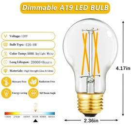 A19 Vintage LED Edison Light Bulbs 75 Watt, E26 Dimmable LED Filament Light Bulbs, Daylight White 5000K,8W Equal 75W Incandescent Bulbs,850LM, AC120V, A19 LED Bulb with 90 CRI,COCODI-6Pack (8W-5000K)
