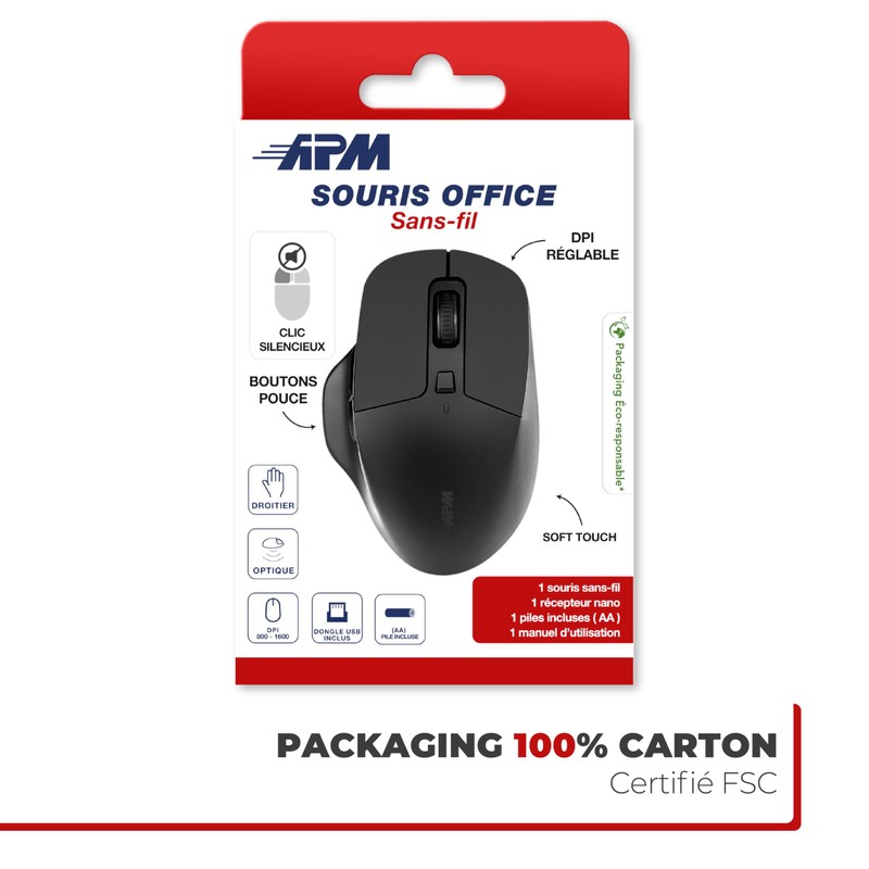 APM Office-Maus, kabellos, 2,4 GHz, leise, USB-Empfänger, DPI verstellbar 800/1200/1600,