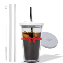 Reusable Iced Coffee Cup (16 Oz/Grande), Leak Proof and Double Wall Insulated Iced Coffee Tumbler, Come with Reusable Plastic and Metal Straws and Straw Cleaner
