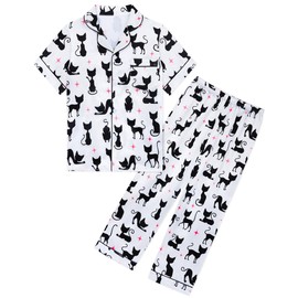 Nidoul Girls Pajamas Silky Short Sleeve Long Pants Black Cat Jammies Satin Sleepwear Pjs Set for Toddler Kids Size 7-8