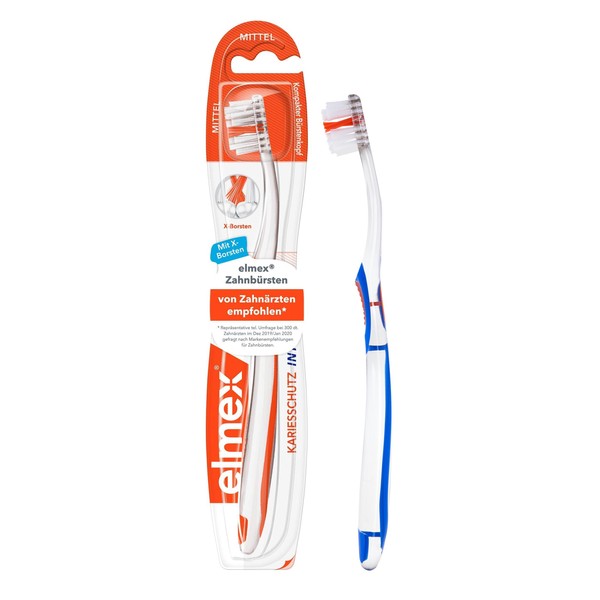 elmex InterX Toothbrush Caries Protection Medium, 1 Piece - X Bristles for Particularly Thorough Teeth Cleaning - with Short Head for Hard to Reach Molars