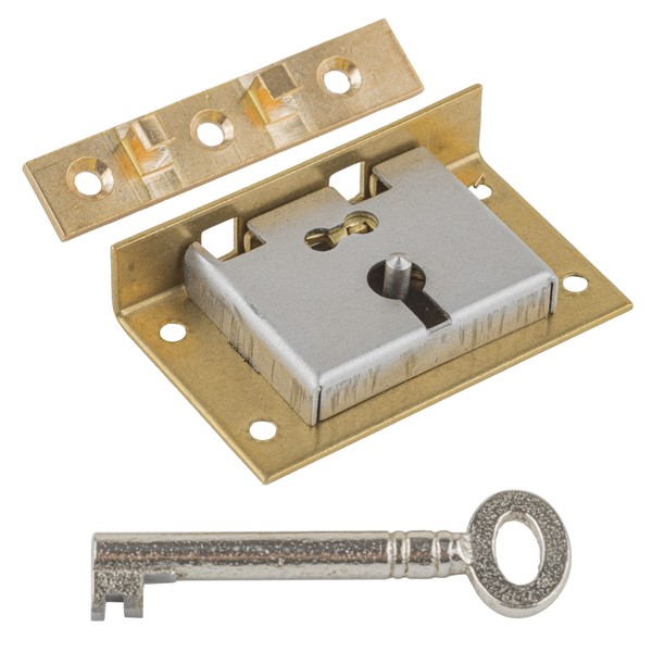 Medium Brass Half Mortise Chest or Box Lock w/ Skeleton Key | S-9 (with One Key)