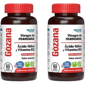 CMD - GOZANA - Gomitas de vinagre de manzana, Ácido fólico y Vitamina B12 - Suplemento Alimenticio Sin Azúcar Sabor Manzana - 2 Frascos con 60 gomitas c/u