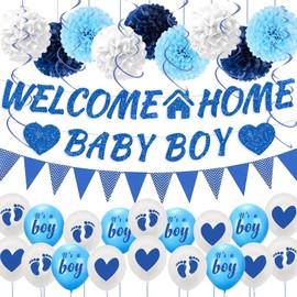 Welcome Home Baby Boy Banner - 35 Pcs Blue Balloons Banners Pennant Flag Double Swirl Paper Flower Pom Poms Party Decoration Supplies For Boys Family Baby Shower Welcome Home Back Party Decor