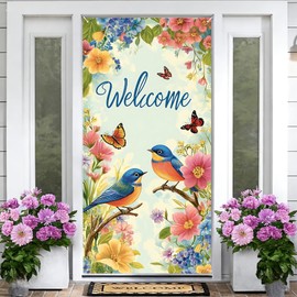 Spring Summer Hanging Door Cover, Welcome Photo Backdrop for Home Garden Indoor Outdoor Party Decor