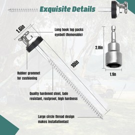 8 Pcs 10" Drillable Threaded Long Hook Top Packs Tent Stakes, Heavy Duty Hardened Steel Ground Pegs for Grassland Garden Tents Canopies Awnings Camping Travel (Hex Tool and Storage Bag)