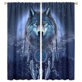 INSFBRB Cool Wildlife Wolf Blackout Curtains,Fantasy Galaxy Misty Forest Wolf Dream Catcher Window Drapes Rod Pocket Thermal Insulated Room Darkening Blackout Curtains 2 Panels 63L x 27.5W