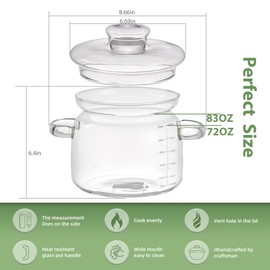 Jjojcll 2.3L(75oz) Glass Cooking Pot with Lid，Handmade Borosilicate Glass Stockpot with Graduations - Glass Saucepan with Cover for Cooking and Serving