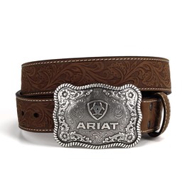 ARIAT Men's Floral Embossed Leather Logo Belt, Aged Bark, 46