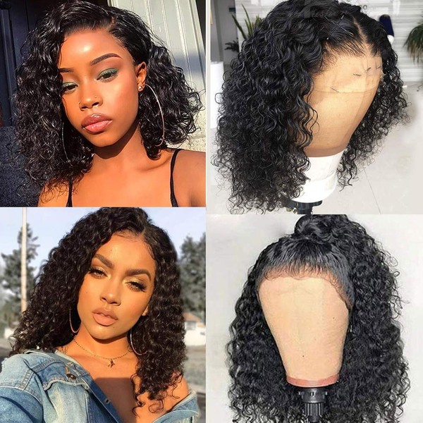 ISEE Short Bob Wigs 4x4 Lace Closure Human Hair Wigs Brazilian Curly Lace Front Wigs Pre Plucked Natural Black Color Curly Bob Wig Lace Front Wigs Middle Part Short Bob Wigs 12 Inches