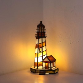 Bieye L10616 Lighthouse Tiffany Style Stained Glass Accent Table Lamp Night Light for Home Decoration (6x5x11, Amber)