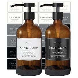 Verute 16oz Glass Soap Dispenser with Stainless Steel Pump, 21 Waterproof Labels, Non-Slip Protective Silicone Pad, Set of 2 for Bathroom & Kitchen (Matte White Bottle/Brushed Silver Pump)