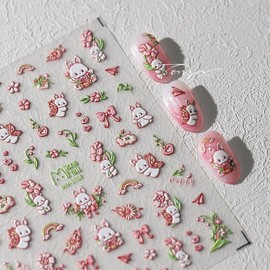 Easter Nail Art Stickers 5D Flower Bunny Embossed Nail Decals 1PCS Pink Floral Bow Green Leaf Cute Bunnies Nails Design Adhesive Stickers Spring Manicure Supply for Women DIY Nail Art Decorations