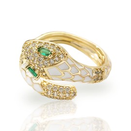 JeanBeau Cute White Snake Adjustable Open Gold Ring for Women - Sparkly Simulated Green Eye Cubic Zirconia Soft Enamel Paint Fashion Grandma Mother’s Day Love Promise Costume Jewelry Gift