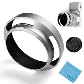 37mm Hollow Lens Hood,Fotover Universal Metal Hollow Vented Tilted Curved Lens Hood with Centre Pinch Lens Cap for Leica Canon Nikon Sony Pentax Olympus Fuji Camera + Microfiber Cleaning Cloth,Silver
