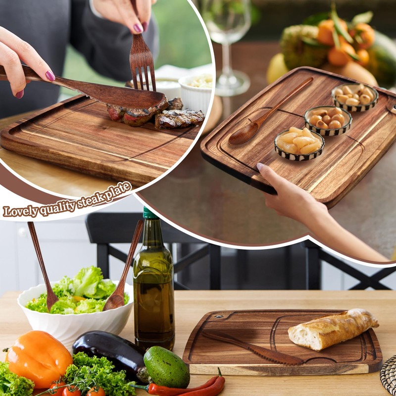 Hushee 16 Pcs Acacia Wooden Steak Plates Board Serving Tableware