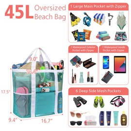 F-color Foldable XL Mesh Beach Bag, 9-Pockets Lightweight Beach Bag for Women with Bottom Waterproof-Sandproof for Pool Travel Grocery Mint Green