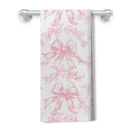 Kemingni Pink Floral Coquette Bow Kitchen Towels, Aesthetic Girly Preppy Bow Hand Towels for Bathroom Decor, Pink Floral Ribbon Dish Tea Towels for Kitchen Decor, 16x24 Inch