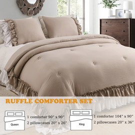 Masaca Ruffled Comforter King Size,Farmhouse Rustic Bedding Shabby Boho Chic Taupe and White Bedding Vintage Aesthetic Lightweight Fluffy Comforter Set 3 Pieces