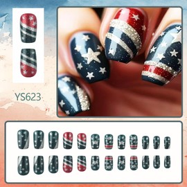 4th of July Press on Nails Short Fake Nails with Stars And Stripes Designs Independence Day Glue on Nail Reusable Artificial Square Acrylic Full Cover Stick on False Nail for Patriotic Women 24 Pcs
