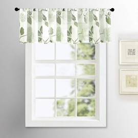 MRTREES Sheer Printed Valance Curtains for Kitchen Windows, Small Modern Rod Pocket Voile Valance Window Treatment for Bathroom Basement(1 Pack, 54" W x 16" L, White with Olive Green Floral Pattern)