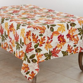 SARO LIFESTYLE L'automne Collection Embroidered Autumn Leaves Tablecloth, 65"x84", Multi