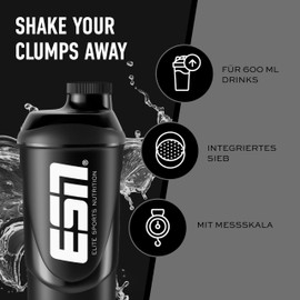 ESN, Shaker, Get Your Proteins, Blue 600 ml, Leak-Proof, with Measuring Scale for Easy Dosing, Free from BPA & DEHP, Tested Quality