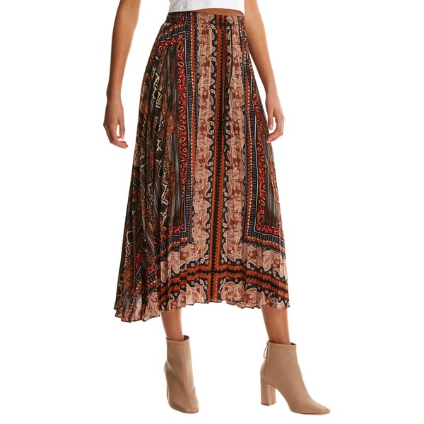 Floerns Women's Boho Elastic Waist Scarf Print Pleated Midi Skirt