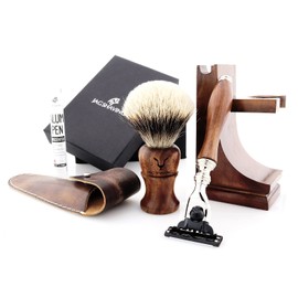 Jag Shaving Set - Sustainable 4-Piece Wooden Shaving Set - Silver-Tip Badger Hair Shaving Brush - 3 Razor Blades Safety Razor - Safety Razor - Leather Bag for Safety Razor