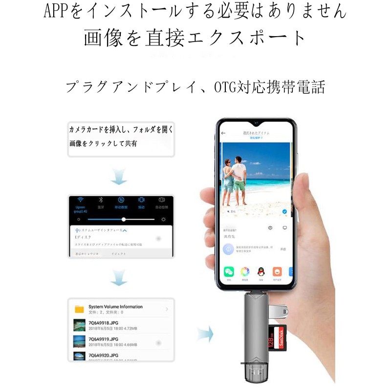 SDカードリーダ3-in-1メモリカードリーダ多機能データ転送Type-C/Micro USB/USB SD TF USBカメラアダプタ0 TG機能変換アダプタ超小型双方向高速データ転送写真/ビデオ/ファイル/キーボードWindows/Macbook/Android互換（グレイ）