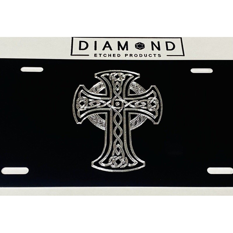 Silver Engraved Celtic Cross Car Tag Diamond Etched Vanity Front