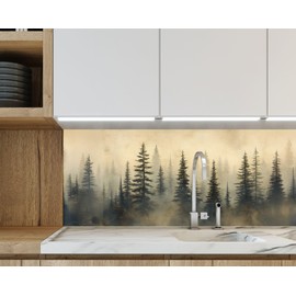 Myphotostation 27.5Wx20H'' Misty Forest Tranquil Pine Tree Tempered Glass Backsplash, Glass Splashback For Kitchen, Stove Wall Protector, Cutting Board, Stove Back Cover