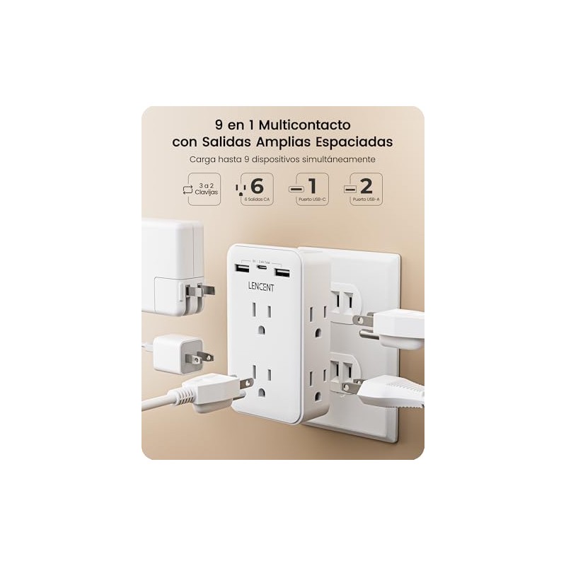 LENCENT Multicontacto Pared de 2 a 3 Clavijas, Extensor de