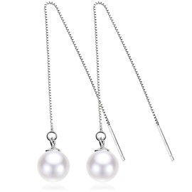 Pearl Stud Earrings for Women, 925 Sterling Silver Puller Long Dangle Earrings, Pearl Pendant Earrings with Shiny Balls and 10mm Beads, Gift for Women and Girls, Silver, Pearl