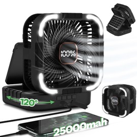 Maraiss 25000mah Camping Solar Fan, 120° Oscillation Rechargeable Solar Powered Fan with LED Light, 6 Adjustable Speeds Battery Powered Portable Fans, USB-C Fans for Travel Tent Camping Accessories