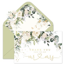Whaline 50 Pack Floral Wedding Thank You Cards Flower with Eucalyptus Leaves Mr & Mrs Thank You Greeting Note Cards Boxed with Envelope Sticker for Bridal Shower