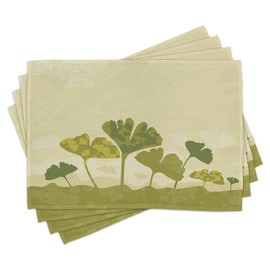ABAKUHAUS Gingko Place Mats Set of 4, Natural Curved Tree Leaves, Washable Fabric Placemats for Dining Room Kitchen Table Decor, Olive Green and Beige